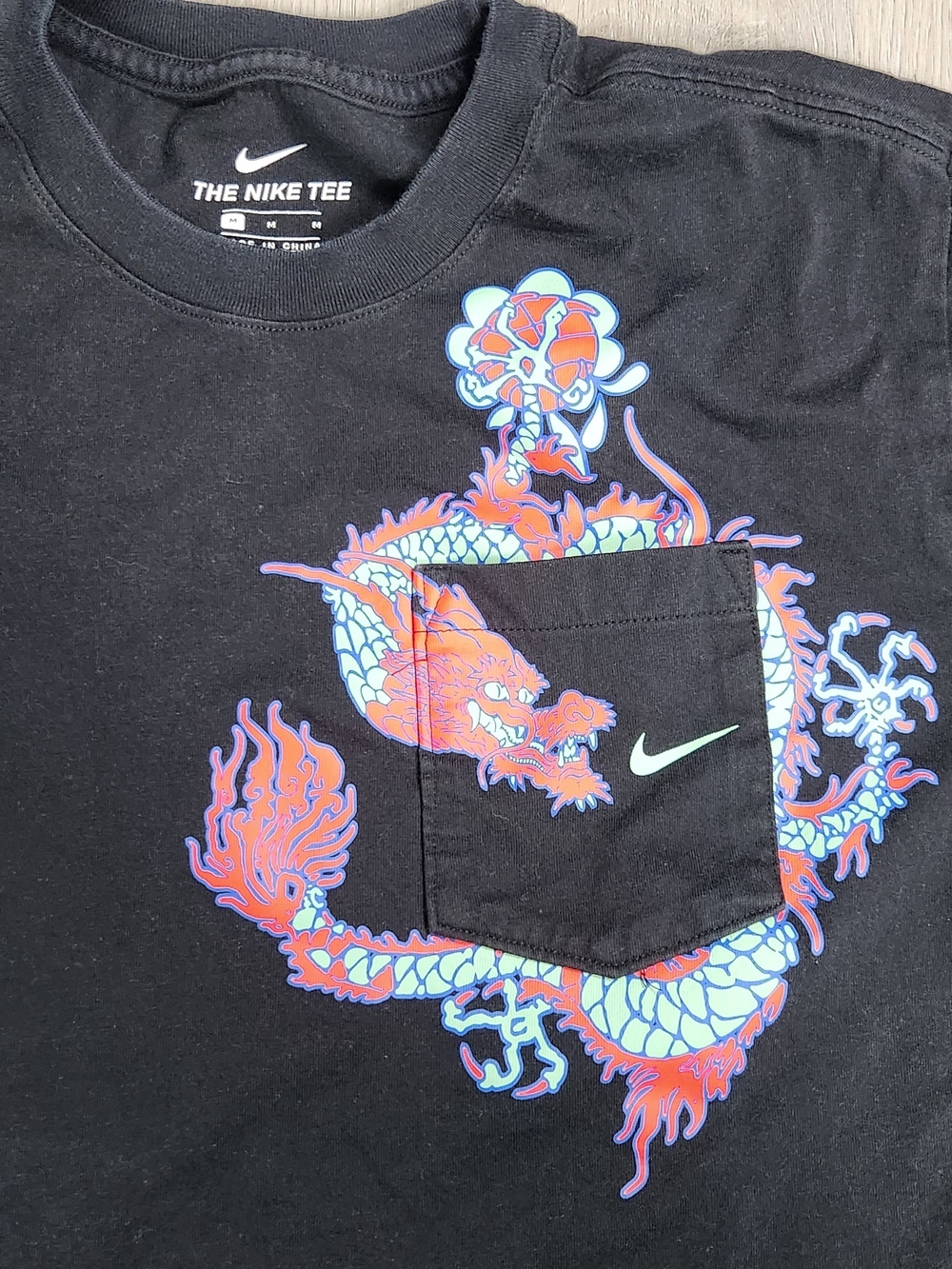 Nike Black Short Sleeve Tee with Neon Dragon Pocket Graphic